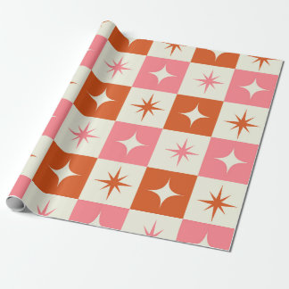 Checkered Mid Century Atomic Stars Pink Orange Geschenkpapier