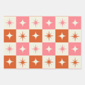 Checkered Mid Century Atomic Stars Pink Orange Geschenkpapier Set (Vorderseite 3)