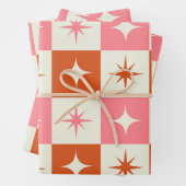 Checkered Mid Century Atomic Stars Pink Orange Geschenkpapier Set (Beispiel)