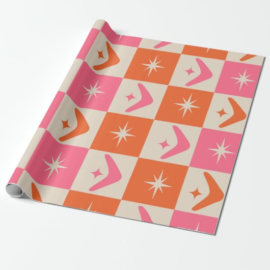 Checkered Mid Century Boomerangs pink and orange  Geschenkpapier (Ungerollt)
