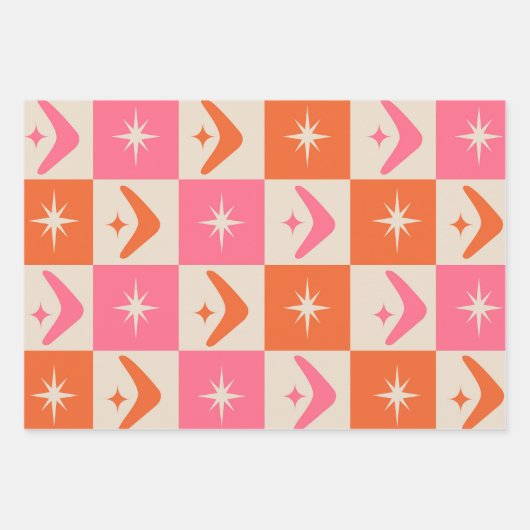 Checkered Mid Century Boomerangs pink and orange  Geschenkpapier Set (Vorderseite)