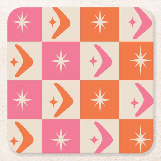 Checkered Mid Century Boomerangs pink and orange Rechteckiger Pappuntersetzer (Vorderseite)
