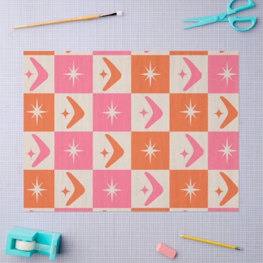 Checkered Mid Century Boomerangs pink and orange  Seidenpapier (Basteln)