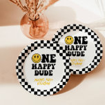 Checkered One Happy Typ 1. Geburtstag Lächeln Pappteller<br><div class="desc">Diese phantastischen One Happy Typ Paper Teller sind mit einem Retrolächelgesicht mit schwarz-weißem Schachbrettmuster versehen - die perfekte Art, die Geburtstagsparty Ihres kleinen Typs zu betonen. Editieren Sie die meisten Texte einfach, um sie an Ihre Veranstaltung anzupassen! Will du, ein anderes Farbschema zu verwenden? Kein Problem! Text- und Hintergrundfarben sind...</div>