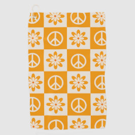 Checkered Orange Groovy Flowers and Peace Signs Golfhandtuch