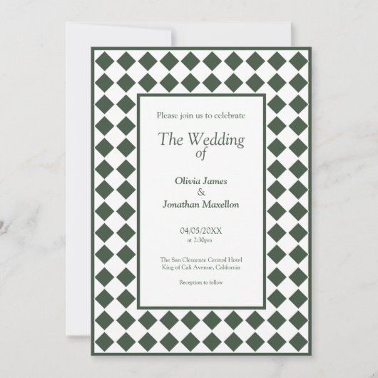 Checkered Simple Modern Dark Green Wedding Einladung (Vorderseite)