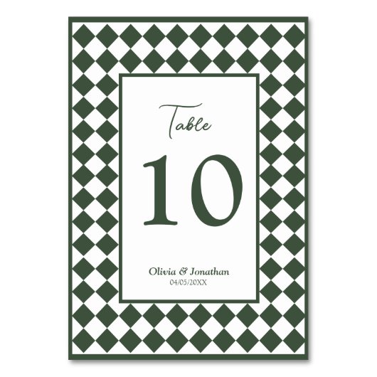 Checkered Simple Modern Dark Green Wedding Tischnummer (Vorderseite)