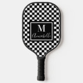 Checkered White and Black Custom Name Initial Pickleball Schläger (Rückseite)