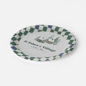 Checkered Winter "It Takes a Village" baby shower Pappteller (Schrägansicht)