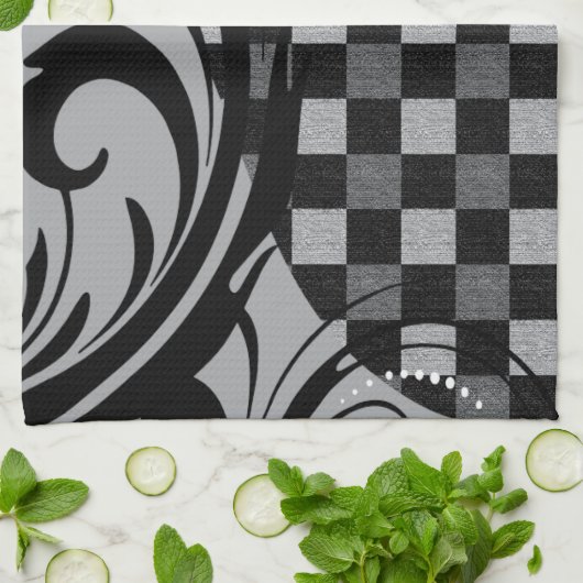 Checkered Wirbles Muster | grau und schwarz Geschirrtuch (Gefaltet)