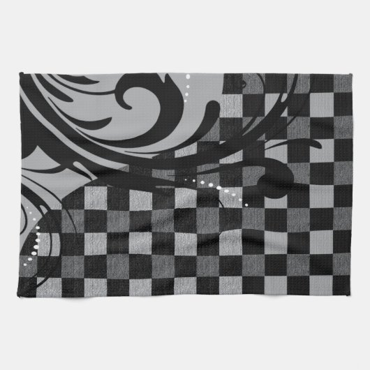 Checkered Wirbles Muster | grau und schwarz Geschirrtuch (Horizontal)