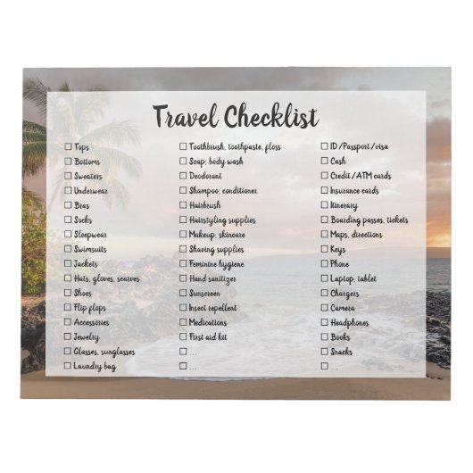 Checkliste für benutzerdefinierbare Reisepakete fü Notizblock (Vorderseite)