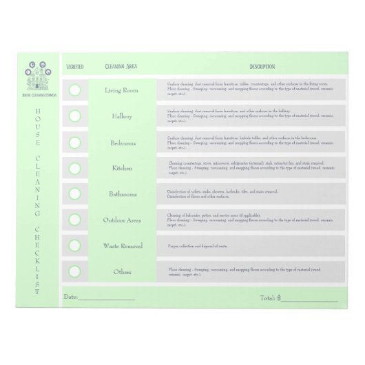 Checkliste für Hausreinigung und Haushaltsbemerkun Notizblock (Vorderseite)