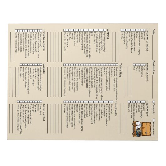 Checkliste für nützliche Reiseverpackungen Notizblock (Vorderseite)