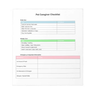 Checkliste für Tierpflege Notizblock