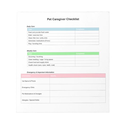 Checkliste für Tierpflege Notizblock (Vorderseite)
