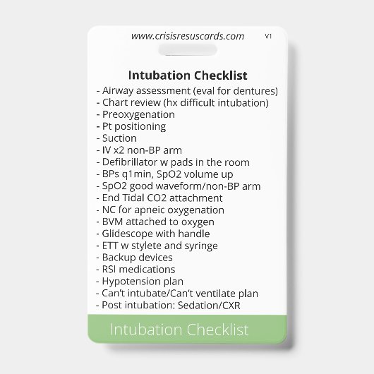 Checklisten für Intubation und Sedation Ausweis (Vorderseite)