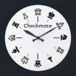 Checkmate Schachsäulenhalle - Schachfiguren in Wei Große Wanduhr<br><div class="desc">Eine elegante und einfache Schach-inspiriert Wanduhr mit grafischen Schachfiguren, die die Stunden auf einem sauberen, weißen Hintergrund darstellen. Der anpassbare Text macht dieses Stück zu einer personalisierten Geschenkidee für den Schachfreund.</div>