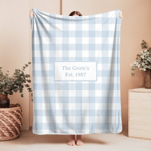 Checks Blue and White Sherpa Blanket Family Name Sherpadecke