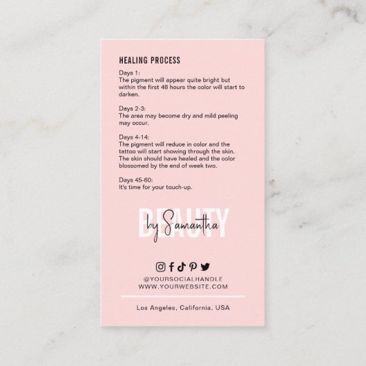 Cheek Blush Aftercare Feminine Pink PMU Artist Visitenkarte (Rückseite)