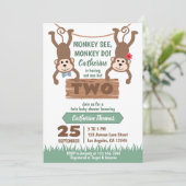 Cheeky Monkey Boy & Girl Twins Baby Dusche Einladung (Stehend Vorderseite)