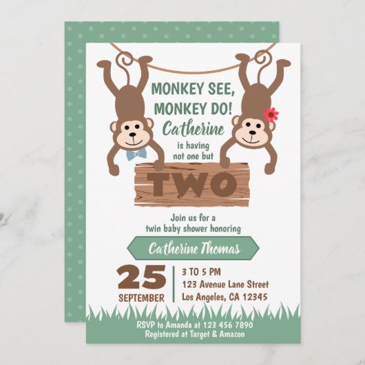 Cheeky Monkey Boy & Girl Twins Baby Dusche Einladung (Vorne/Hinten)