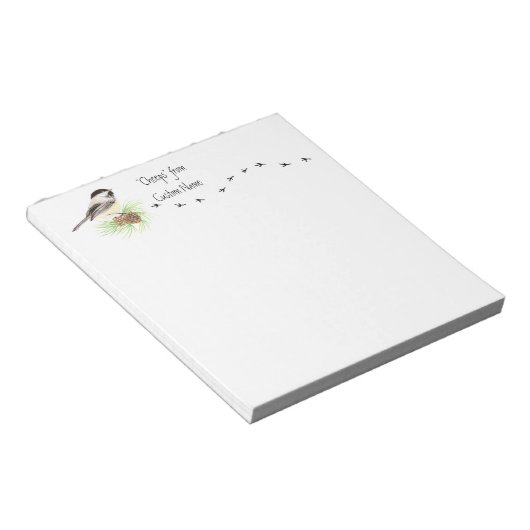"Cheeps from Individuelle Name" Chickadee, Vogelsp Notizblock (angewinkelt)