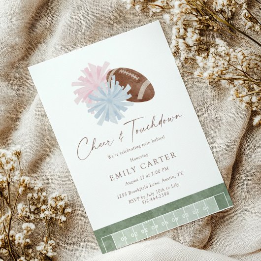 Cheer and Touchdown Twin Baby Shower Einladung