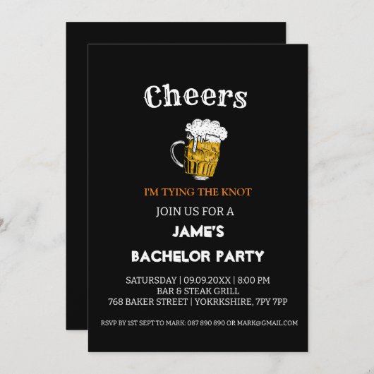 Cheer Beer Black Bachelor Party Einladung (Vorne/Hinten)