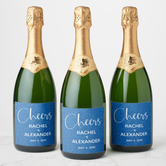 CHEER Blue Glitzer Wedding Sparkling Wine Labels Schaumweinetikett (Flaschen)