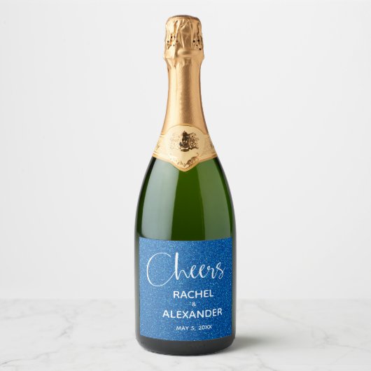 CHEER Blue Glitzer Wedding Sparkling Wine Labels Schaumweinetikett (Vorderseite)