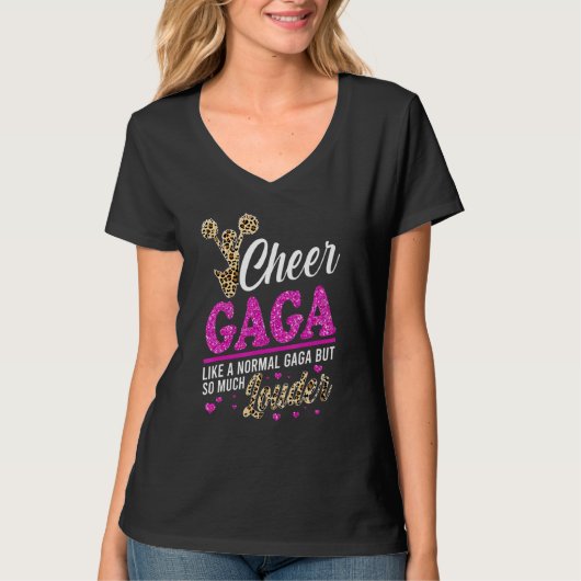 Cheer Gaga Größte Fan Leopard Print und Pom Pom T-Shirt (Vorderseite)
