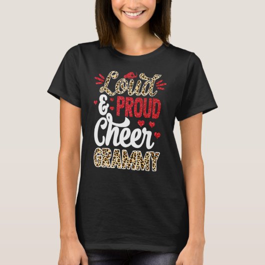 Cheer Grammy Größte Fan Leopard Print und Pom Pom T-Shirt (Vorderseite)