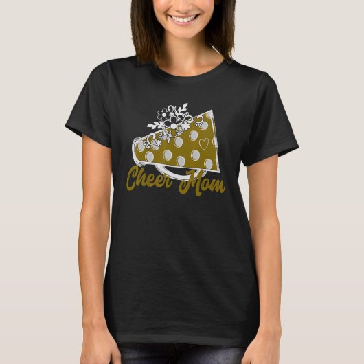 Cheer Mama Gold Megaphone mit Herz-Blume Akzent T-Shirt (Vorderseite)