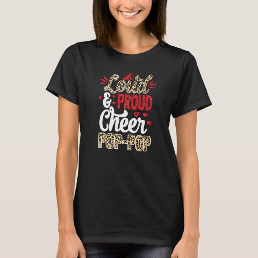 Cheer Pop Pop Größter Fan Leopard Print und Pom Po T-Shirt (Vorderseite)