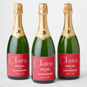 CHEER Red Glitzer Wedding Champagne Labels Schaumweinetikett