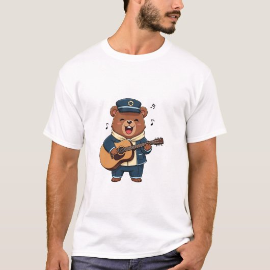 Cheerful Bear Captain Playing Acoustic Guitar T-Shirt (Vorderseite)