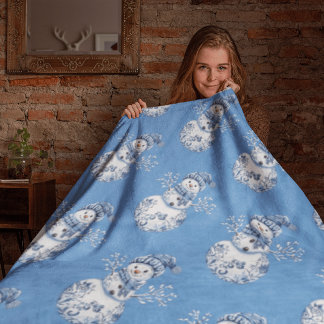 Cheerful Blue White Happy Snowman Sherpadecke