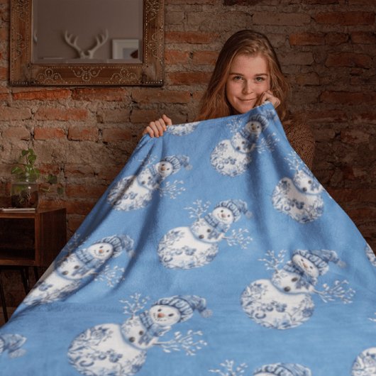 Cheerful Blue White Happy Snowman Sherpadecke