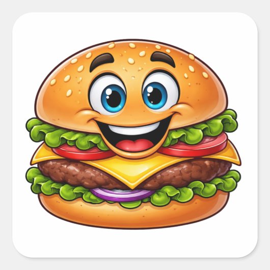 Cheerful Burger Character With Vibrant LayeSticker Quadratischer Aufkleber (Vorderseite)