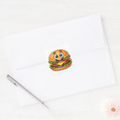 Cheerful Burger Character With Vibrant LayeSticker Quadratischer Aufkleber (Umschlag)