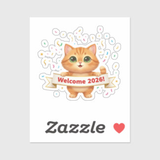 Cheerful Cat with New Year Banner Welcome 2026  Aufkleber