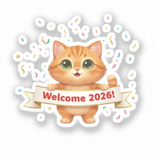 Cheerful Cat with New Year Banner Welcome 2026 Aufkleber (Vorderseite)