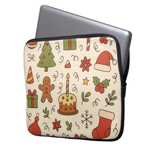Cheerful Christmas Doodle Pattern Laptopschutzhülle (Vorderseite Links)
