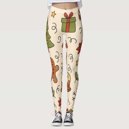 Cheerful Christmas Doodle Pattern Leggings (Vorderseite)
