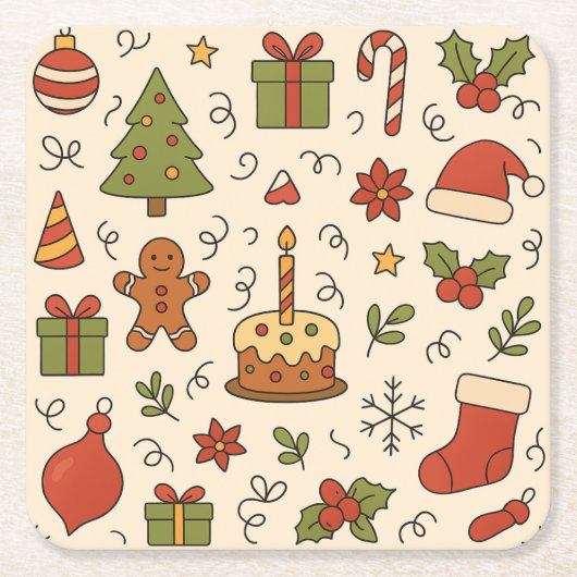 Cheerful Christmas Doodle Pattern Rechteckiger Pappuntersetzer (Vorderseite)