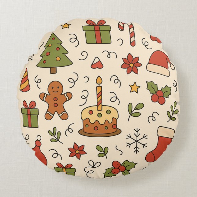Cheerful Christmas Doodle Pattern Rundes Kissen (Vorderseite)