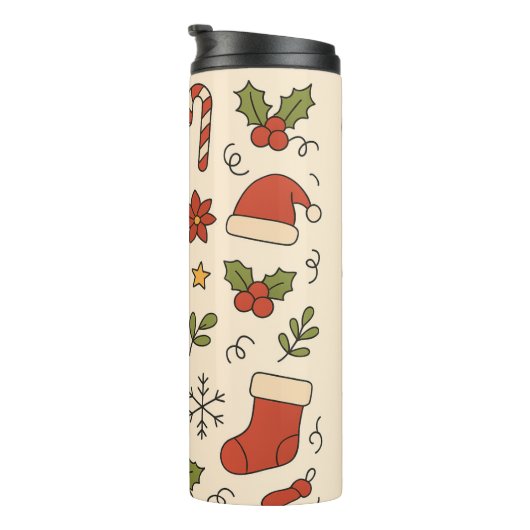 Cheerful Christmas Doodle Pattern Thermosbecher (Nach rechts gedreht)