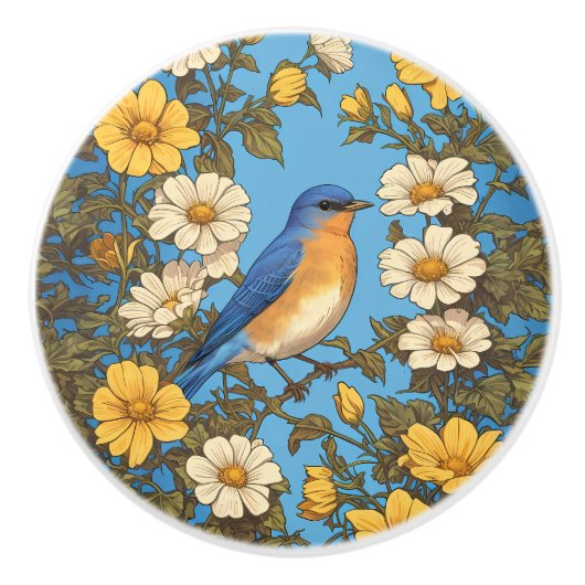 Cheerful Eastern Bluebird Yellow and White Flowers Keramikknauf (Vorderseite)