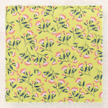 Cheerful Floral Pattern: Pink Flowers  Glasuntersetzer<br><div class="desc">Patterned design with pink flowers and dark green leaves scattered on a bright yellow background. The floral motif is cheerful and lively.</div>